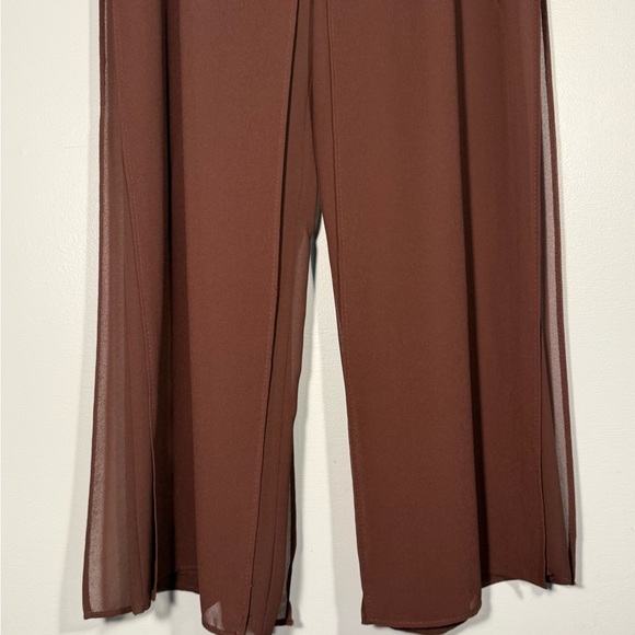MSK Chocolate Wide-Leg Chiffon Women's Pants, Brown Panel Overlay Dress Pants M - Picture 14 of 16